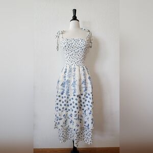White and Blue Floral Tiered Sundress with Tie Straps